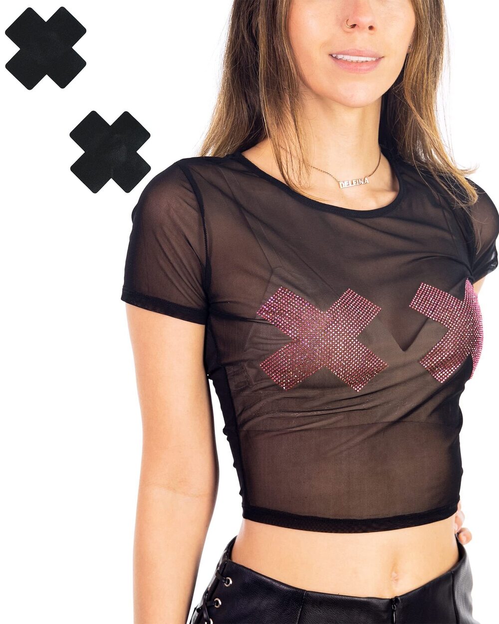 6533 Bundle - 2 Items: Large Pink Rhinestone X Sheer Crop Top and X Pastie